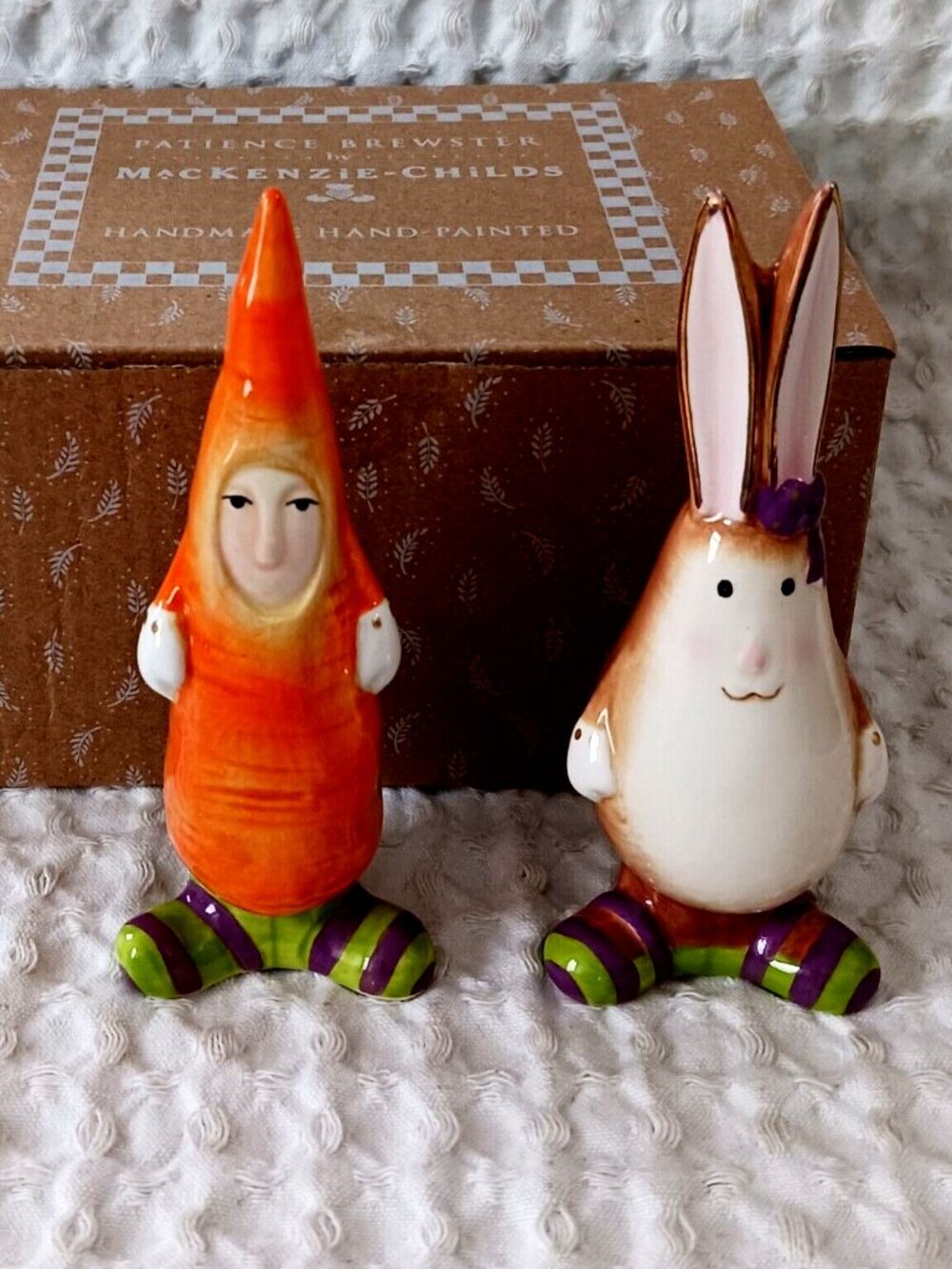 Mackenzie Childs Salt and Pepper Set Patience Brewster SPRINGTIME Bunny Carrot